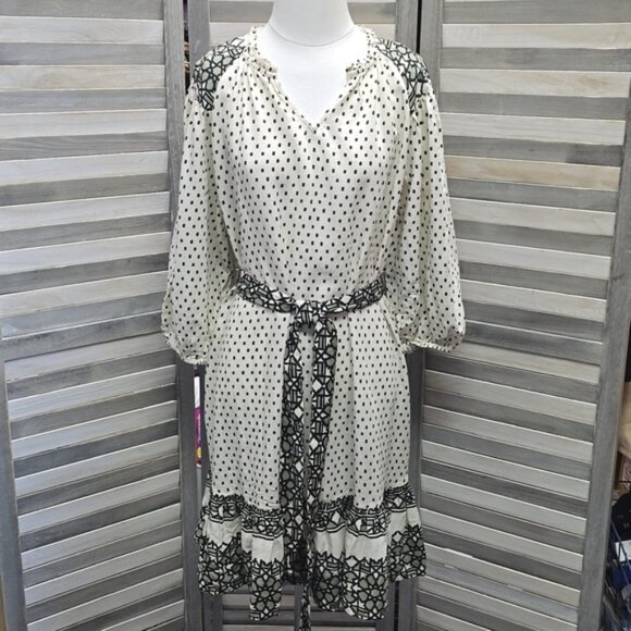 3/4 Sleeve A-line Dress Cream Polka Dots Belted Shift Dress | Knox Rose | Large - Picture 1 of 12